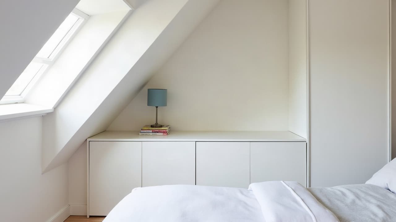 Plafond suspendu en plaques de plâtre fini, réglé au cordeau dans une maison à étage