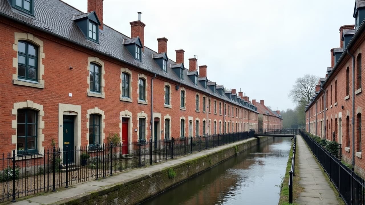 Rangée de maisons ouvrières en brique d'une cité de Saleux, avec jardin à l'arrière