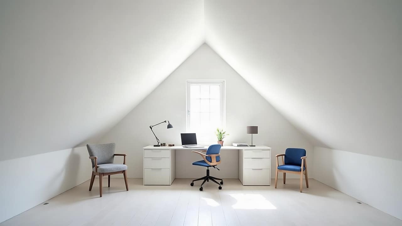 Petit bureau aménagé au centre d'un comble à faible pente, plafond et rampants blancs parfaitement finis, bureau bas et chaise actuelle sous une fenêtre de toit, lumière naturelle douce