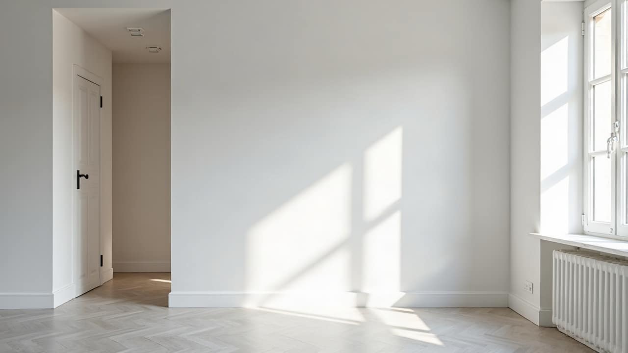 Angle intérieur d'une chambre rénovée avec une contre-cloison neuve devant un mur mitoyen, finition blanche parfaitement lisse, lumière naturelle douce