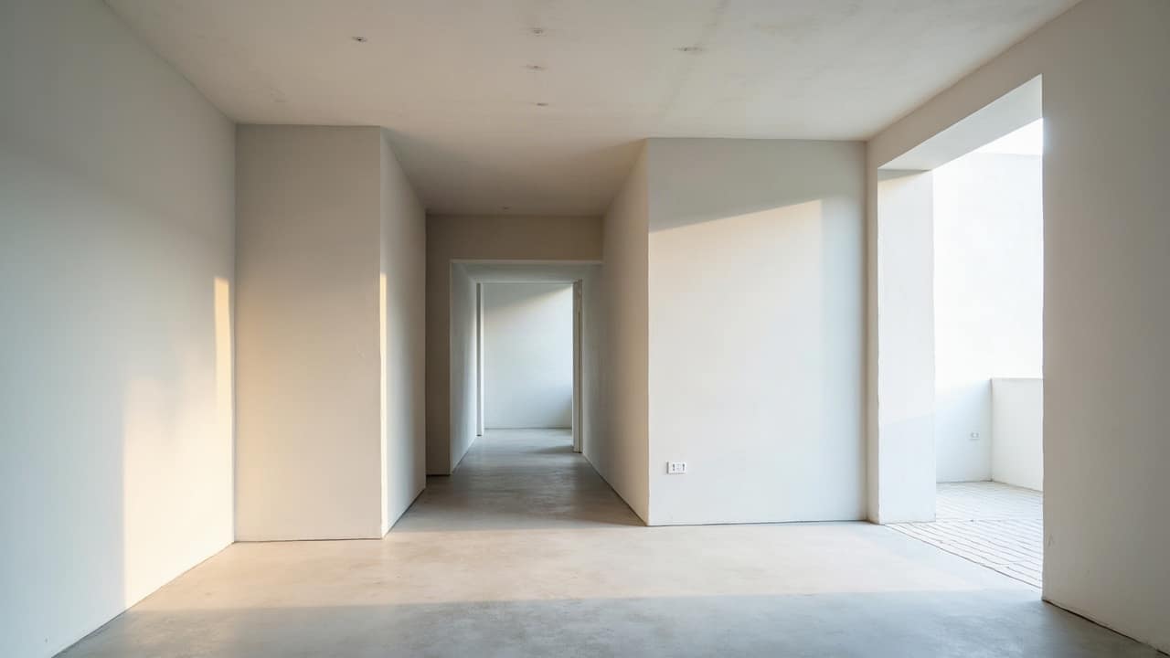 Angle intérieur fini d'un pavillon rénové, jonction nette entre un mur doublé et une cloison neuve, plinthe claire et sol en béton ciré, lumière naturelle douce