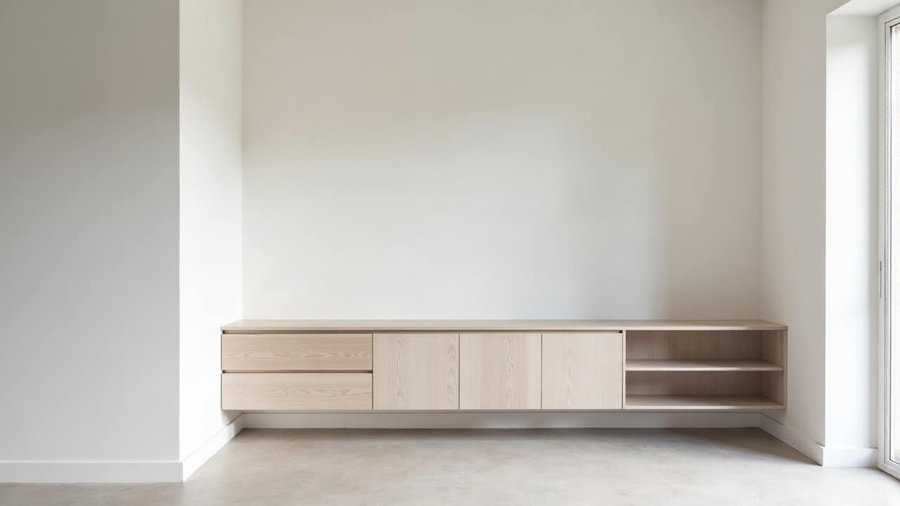Angle intérieur parfaitement fini d'un séjour de pavillon rénové, jonction nette entre un mur blanc et un plafond blanc, meuble bas en chêne clair en amorce de cadre, lumière naturelle claire