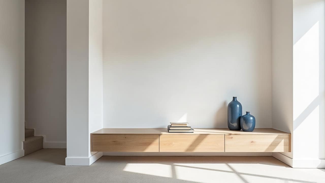 Angle intérieur parfaitement fini d'un salon rénové, jonction nette entre deux murs blancs et une plinthe claire, meuble bas en bois clair en amorce de cadre, lumière du jour douce