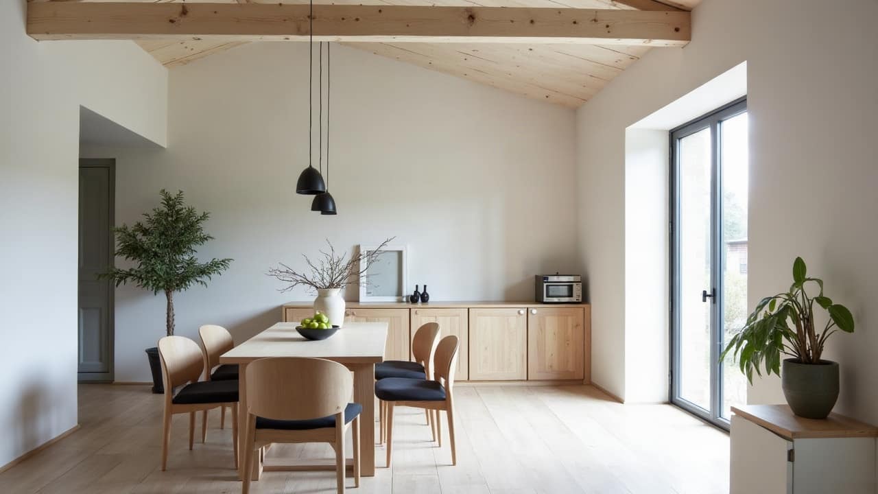 Espace intérieur d'une grange rénovée avec cloisons neuves délimitant un coin repas, structure de charpente laissée visible au-dessus, mobilier simple et actuel, lumière naturelle abondante
