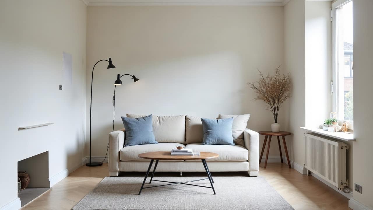 Petit salon meublé d'une maison de cité rénovée, canapé compact et étagère murale contre une cloison blanche neuve, sol clair continu, lumière naturelle douce, aucune personne