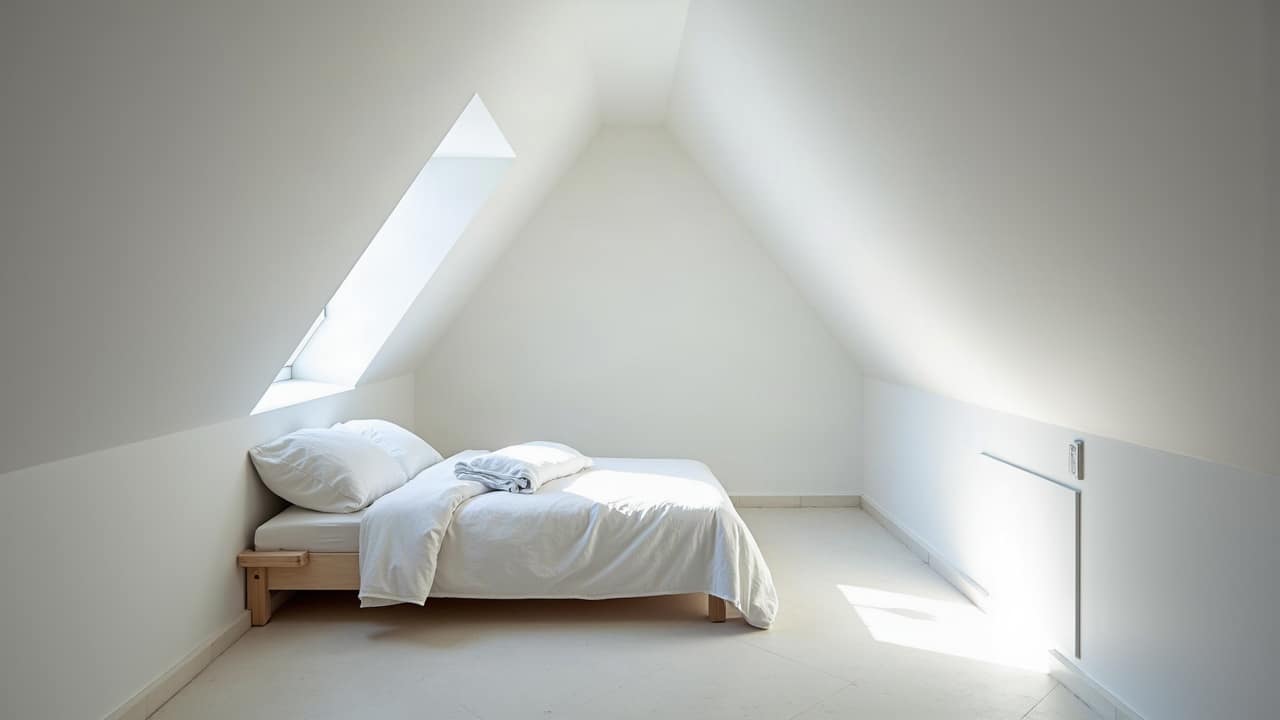 Chambre sous combles aménagée entre des pièces de charpente traditionnelle, rampants blancs parfaitement finis, lit habillé de linge actuel, fenêtre de toit apportant la lumière naturelle, aucune personne