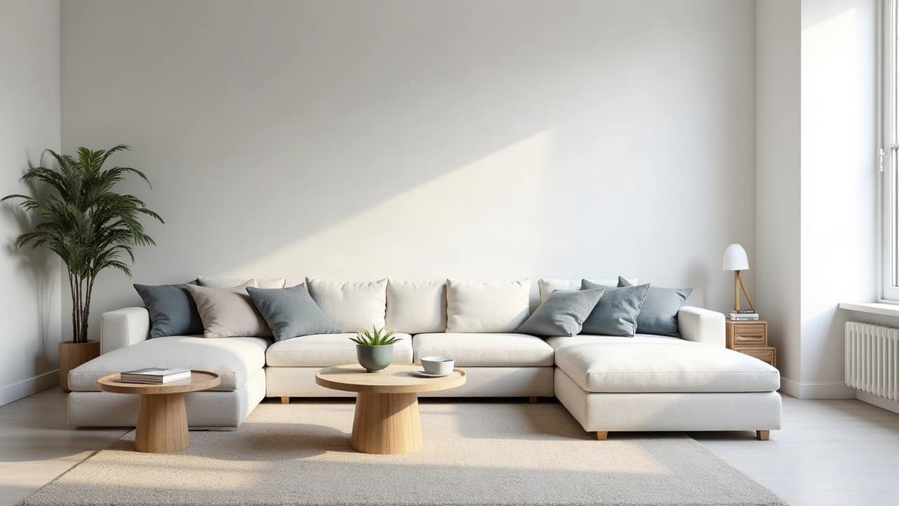 Salon meublé d'une maison amiénoise rénovée, mur blanc parfaitement fini sans aucune trace d'humidité, canapé clair et étagère basse en bois, lumière naturelle douce, aucune personne