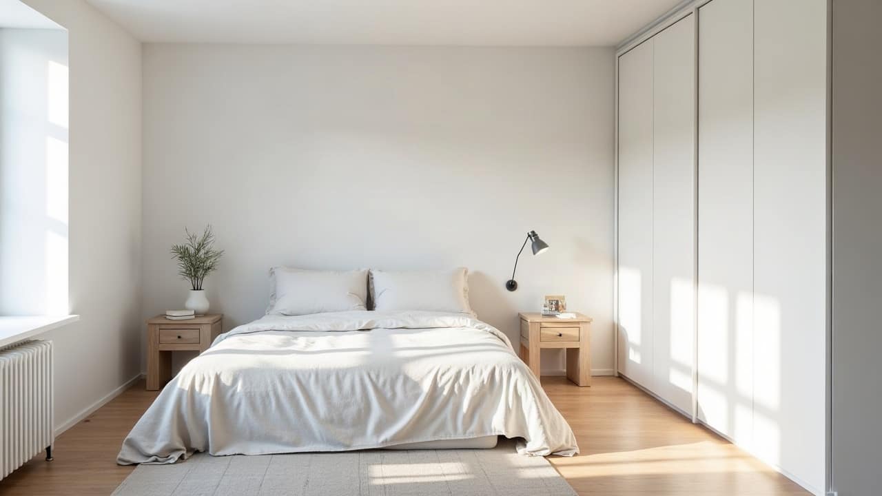 Chambre meublée et entièrement finie, cloisons et plafond blancs impeccables, lit habillé de linge actuel et table de chevet en bois clair, lumière naturelle douce, aucune personne