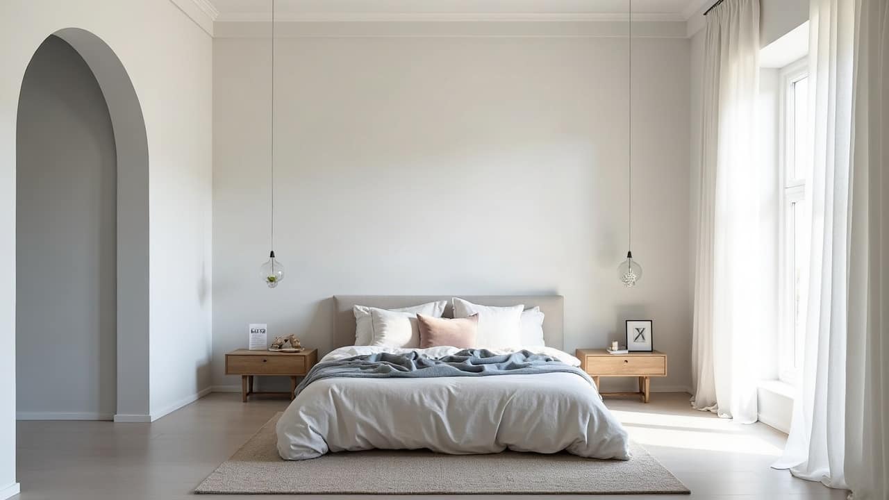 Chambre meublée d'une maison de cité rénovée, mur de façade blanc parfaitement doublé, lit habillé de linge actuel, tapis et lampe de chevet, lumière naturelle douce, aucune personne