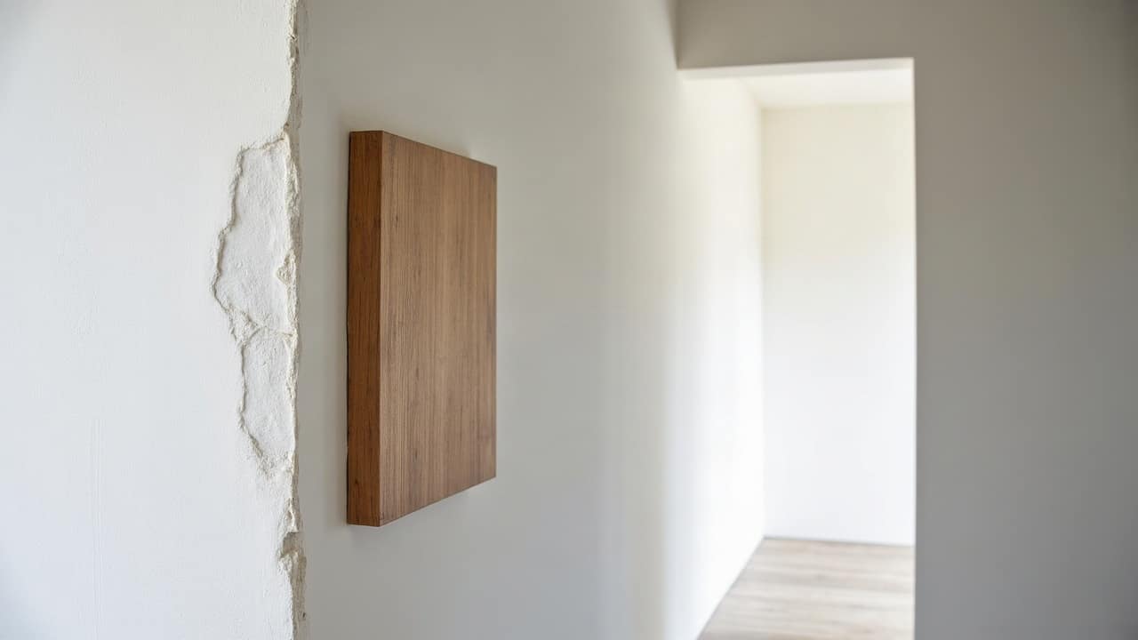 Détail d'un pan de bois ancien intégré à un mur doublé et fini, transition nette entre le bois apparent et le mur blanc lisse, lumière naturelle rasante révélant la texture du bois