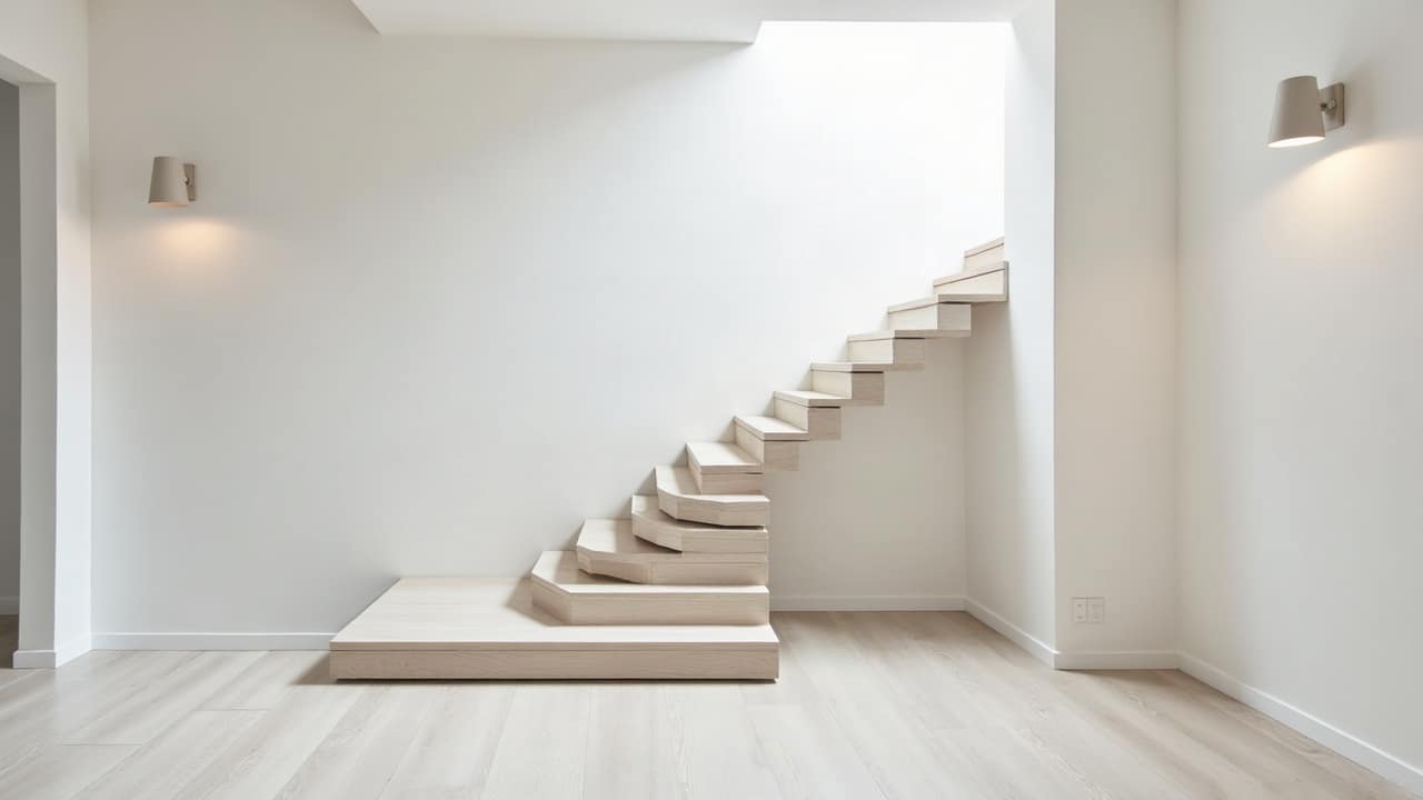 Palier fini au pied d'un escalier menant aux combles, mur blanc parfaitement lisse, marches en bois clair, applique murale discrète, lumière naturelle douce, aucune personne