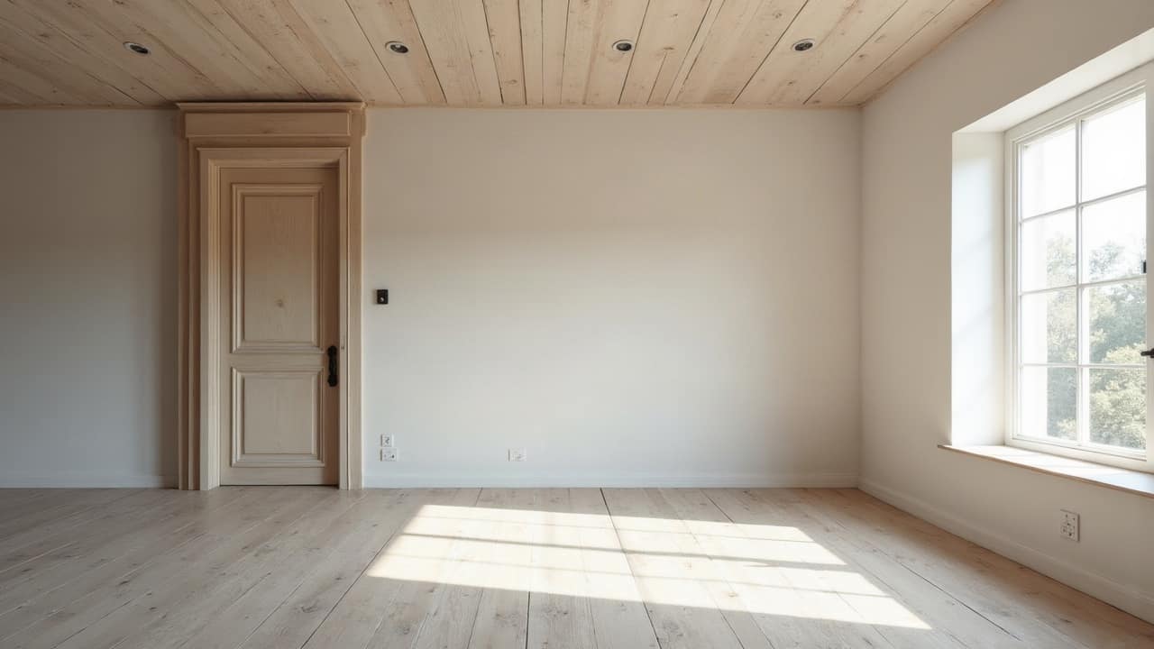 Détail d'une pièce de bois de charpente traditionnelle laissée apparente, plafond en plaques de plâtre parfaitement fini tout autour, lumière naturelle douce entrant par une fenêtre de toit