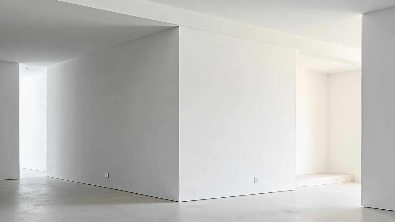 Angle intérieur fini en gros plan, jonction nette entre un mur blanc et un plafond blanc dans un salon meublé, lumière rasante douce révélant une surface parfaitement lisse