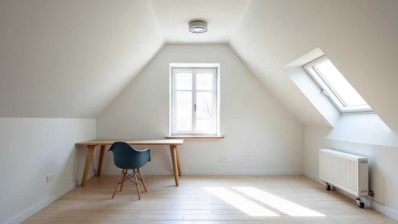 Bureau meublé sous combles aménagés, rampants blancs inclinés parfaitement finis, bureau en bois clair sous une fenêtre de toit, chaise actuelle, lumière naturelle douce, aucune personne