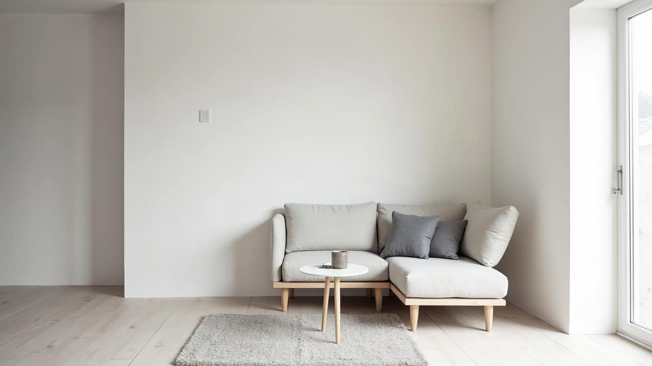 Coin salon meublé avec goût dans une maison rénovée, mur blanc parfaitement fini, banquette basse en tissu clair et petite table en bois, plinthe nette, lumière naturelle douce