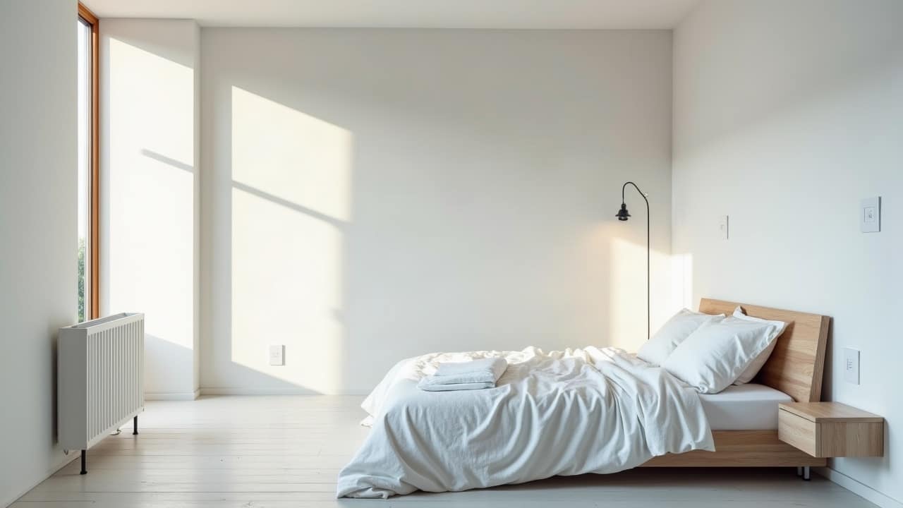 Chambre entièrement finie et meublée d'une maison rénovée, mur et plafond blancs impeccables, lit habillé de linge actuel, chauffage discret visible en amorce de cadre, lumière naturelle douce, aucune personne