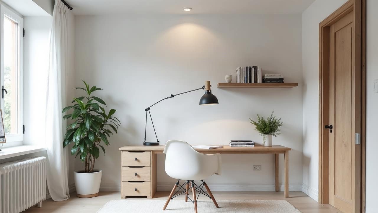 Petit bureau cosy et entièrement meublé, mur blanc parfaitement lisse, bureau en bois clair avec chaise actuelle, étagère murale garnie de livres, plante verte, lumière du jour douce et uniforme sans reflet marqué au sol