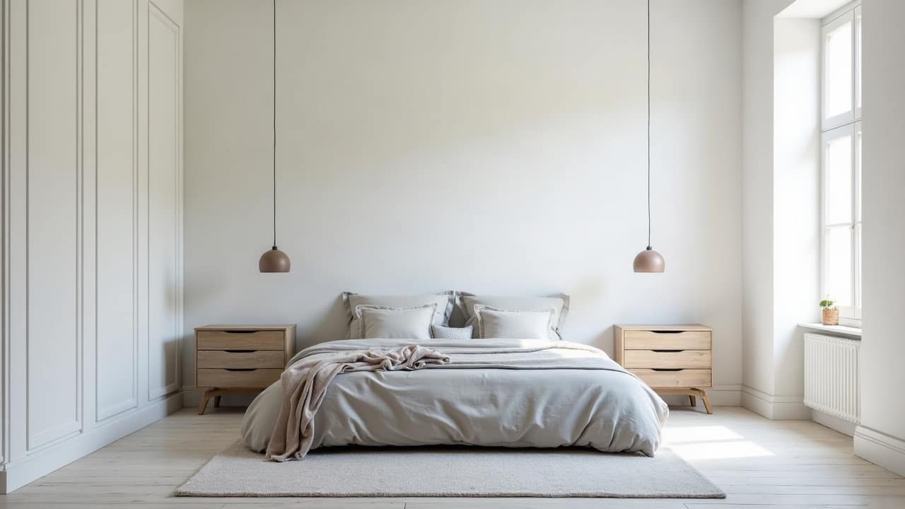 Chambre meublée d'une maison de faubourg rénovée, mur blanc parfaitement fini, lit habillé de linge actuel et tapis, lumière naturelle douce, aucune personne