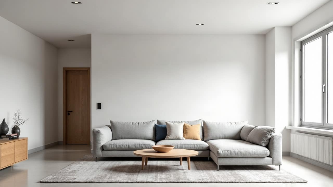 Salon meublé d'un appartement rénové du centre-ville, plafond blanc uniforme et parfaitement fini, canapé et table basse en bois clair, grande fenêtre lumineuse, aucune personne
