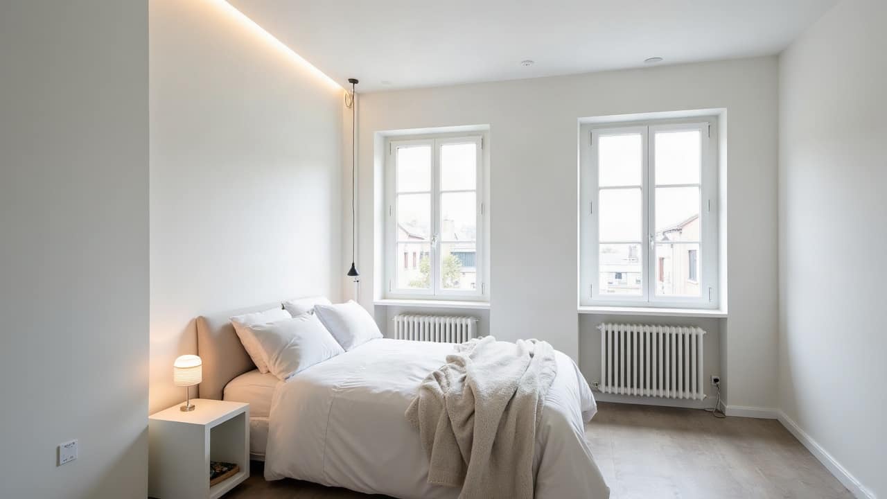 Chambre entièrement rénovée d'un appartement du centre-ville, cloisons et plafond blancs parfaitement finis, lit habillé de linge actuel, lumière naturelle claire, aucune personne
