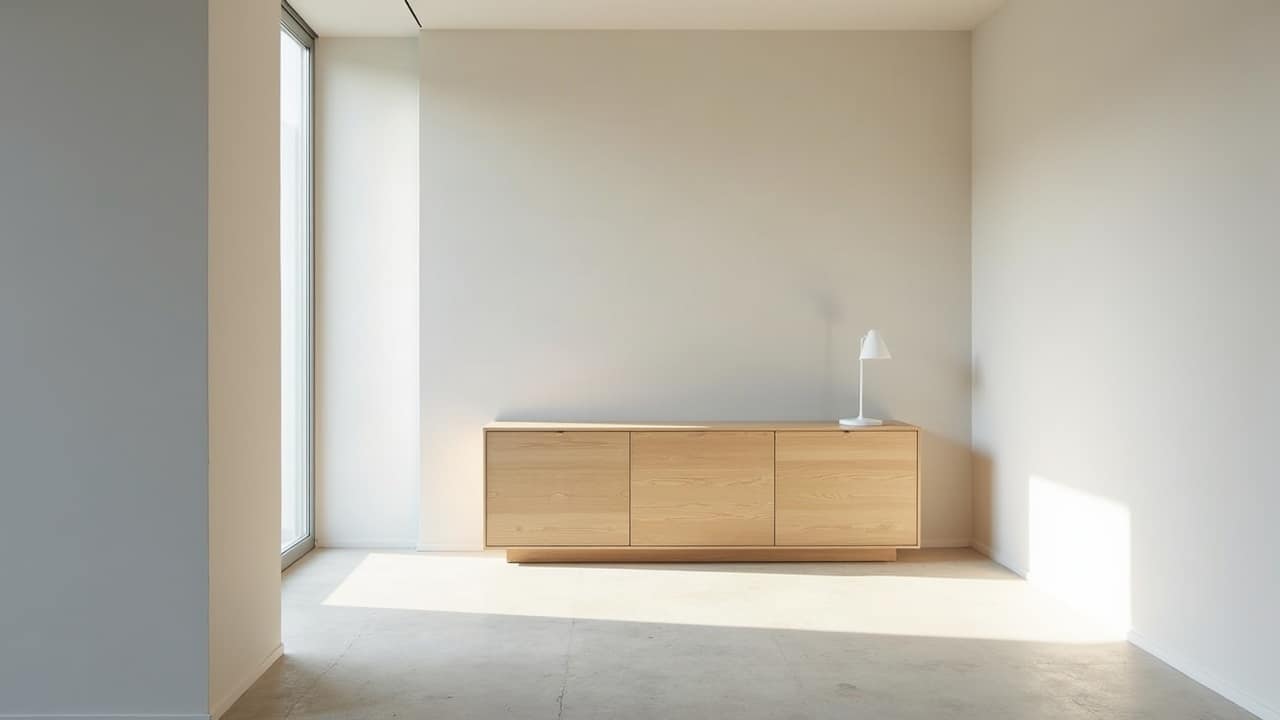 Angle intérieur d'une petite pièce rénovée, cloison neuve fine et parfaitement finie, meuble bas en chêne clair, sol clair, lumière du jour douce, aucune personne