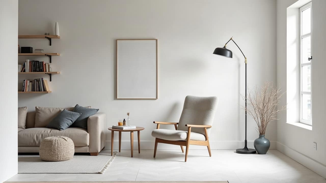 Coin lecture cosy et entièrement meublé, mur blanc parfaitement lisse en fond, fauteuil et petite table basse en bois clair, étagère garnie de livres, lampadaire, lumière du jour douce et uniforme sans reflet marqué au sol