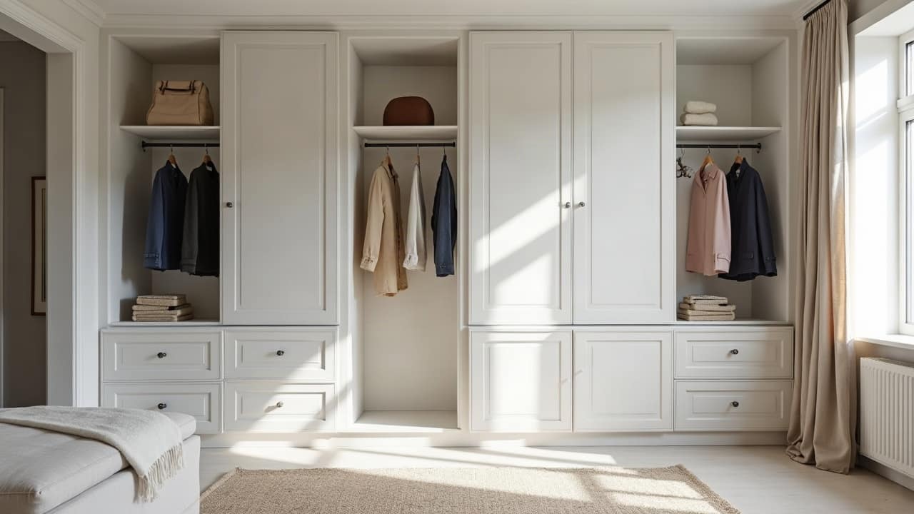Petit espace fermé aménagé en dressing, rangements intégrés du sol au plafond, cloison et finitions parfaitement terminées, lumière douce