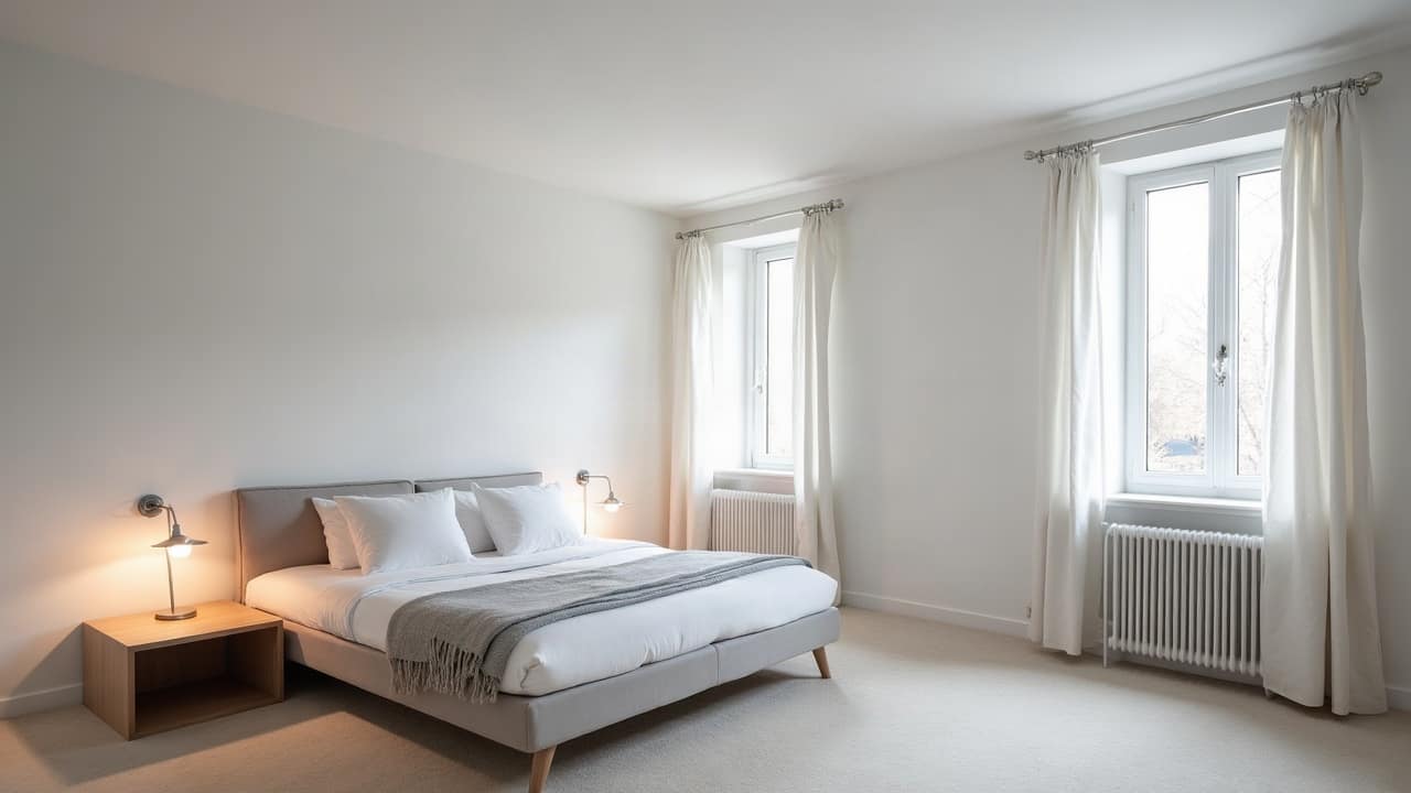 Chambre meublée d'un pavillon rénové, plafond blanc uniforme et parfaitement fini, lit habillé de linge actuel, lampe de chevet en métal fin, lumière naturelle douce, aucune personne