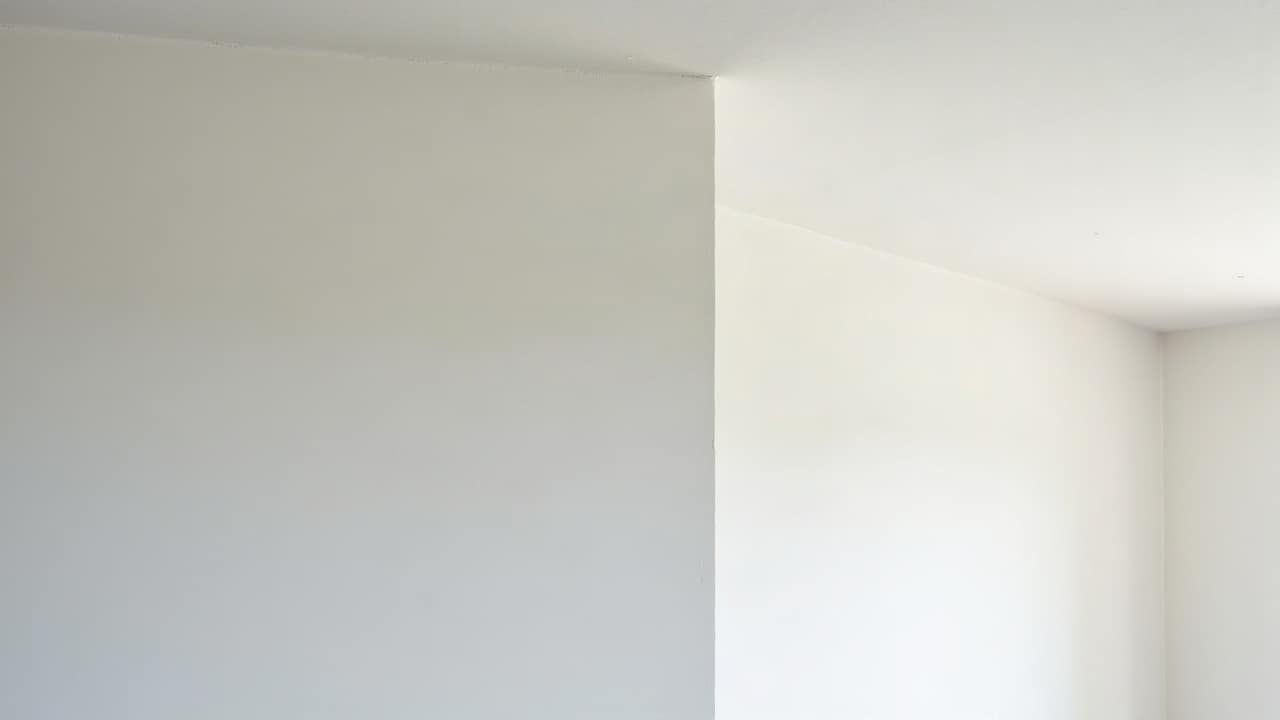 Détail d'un angle de plafond parfaitement fini, jonction nette entre le plafond et un mur blanc, aucun défaut visible, pièce claire et habitée