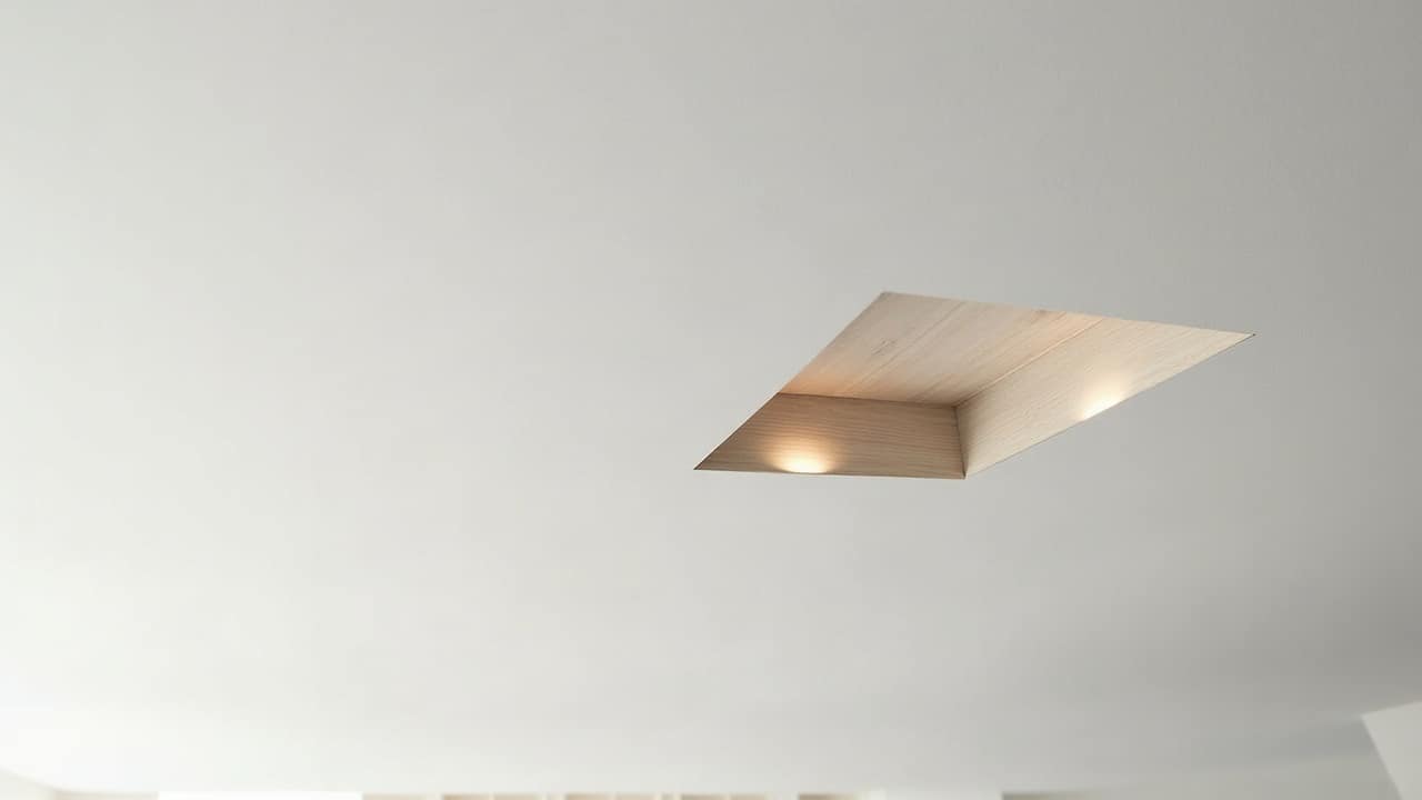 Détail d'une solive de bois clair laissée apparente entre deux surfaces de plafond blanc parfaitement finies, lumière naturelle rasante révélant le grain du bois