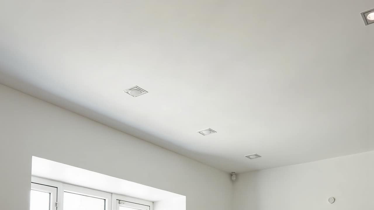 Angle de plafond fini d'une cuisine ouverte rénovée, spots discrets parfaitement alignés, jonction nette avec un mur blanc, lumière naturelle claire et froide