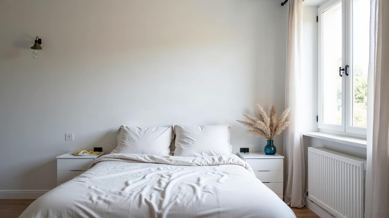 Chambre rénovée d'un appartement en copropriété, cloison neuve blanche bien finie, lit habillé de linge actuel, lumière naturelle douce entrant par une fenêtre haute, aucune personne