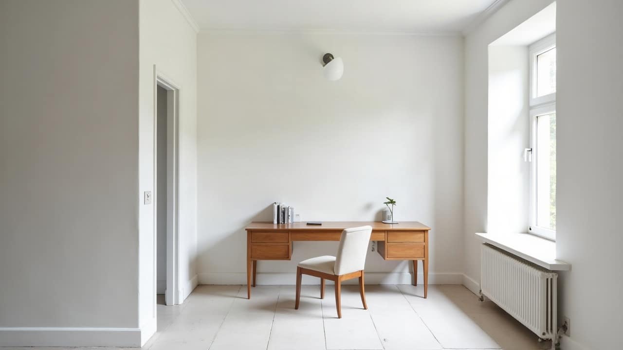Petit bureau fermé aménagé dans un pavillon rénové, cloison neuve blanche bien droite, bureau en chêne clair sous une fenêtre, chaise actuelle, lumière du jour douce, aucune personne
