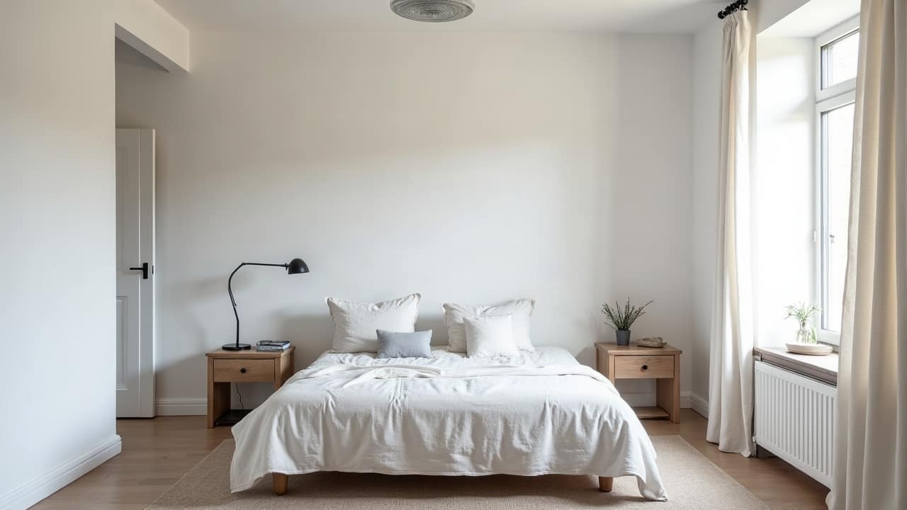 Chambre meublée d'une maison ancienne rénovée, mur blanc parfaitement sain en pied de mur, lit habillé de linge actuel, tapis, lumière naturelle claire, aucune personne